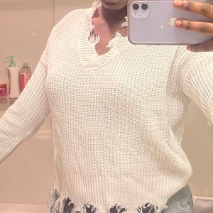 White raw hem sweater